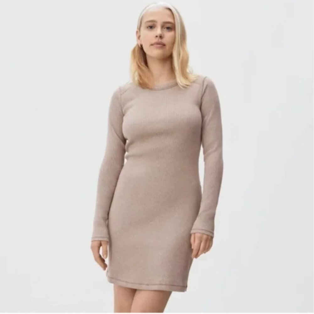 Everlane Cotton Ribbed Long Sleeve Mini Dress in Heathered Oat S